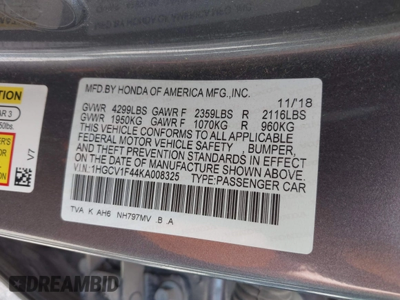 2019 Honda Accord EX with VIN 1HGCV1F44KA008325, listed as a IAAI auction lot 42168255 with 87,541 mi miles and . Bid and sale history available at DreamBid. Image 9.