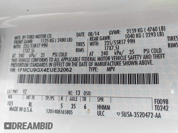 2014 Ford Escape SE with VIN 1FMCU9GX4EUE32062, listed as a IAAI auction lot 42710911 with 68,201 mi miles and . Bid and sale history available at DreamBid. Image 9.