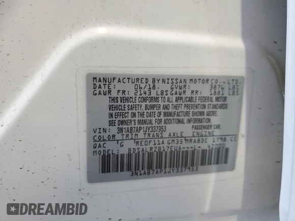 2018 Nissan Sentra SV z VIN 3N1AB7AP1JY337953, wystawiony jako Copart lot #50605925 z przebiegiem 79 252 mil mil oraz Szkoda całkowita • Salvage title. Historia ofert i sprzedaży dostępna na DreamBid. Obrazek 13.