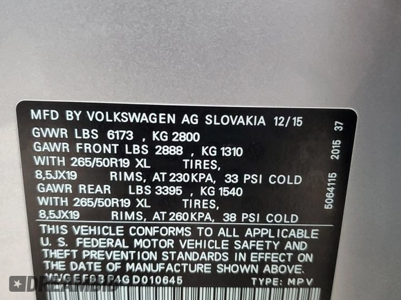2016 Volkswagen Touareg Sport with VIN WVGEF9BP4GD010645, listed as a Copart auction lot 43271015 with 52,803 mi miles and Salvage Title. Bid and sale history available at DreamBid. Image 12.