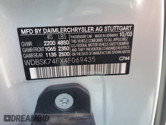 2004 Mercedes-Benz SL 55/63 AMG with VIN WDBSK74FX4F069435, listed as a Copart auction lot 73716494 with Not provided miles and Salvage title. Bid and sale history available at DreamBid. Image 13.