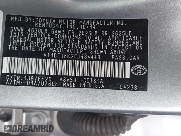 2015 Toyota Camry XLE z VIN 4T1BF1FK2FU484448, wystawiony jako IAAI lot #41798583 z przebiegiem 84 985 mil mil oraz . Historia ofert i sprzedaży dostępna na DreamBid. Obrazek 9.