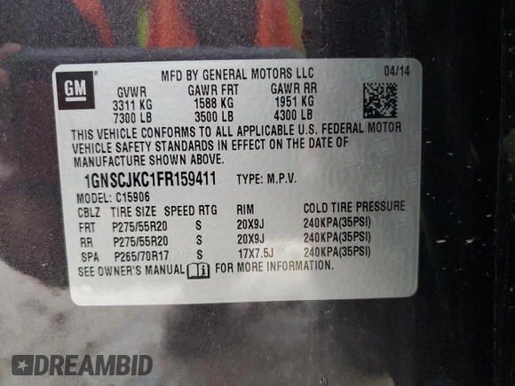 2015 Chevrolet Suburban LT with VIN 1GNSCJKC1FR159411, listed as a Copart auction lot 52169465 with 145,511 mi miles and Salvage title. Bid and sale history available at DreamBid. Image 16.