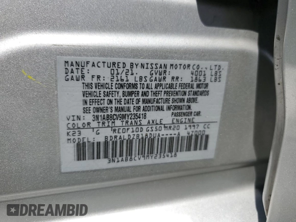 2021 Nissan Sentra SV with VIN 3N1AB8CV9MY235418, listed as a Copart auction lot 62495375 with 94,781 mi miles and Non repairable. Bid and sale history available at DreamBid. Image 14.