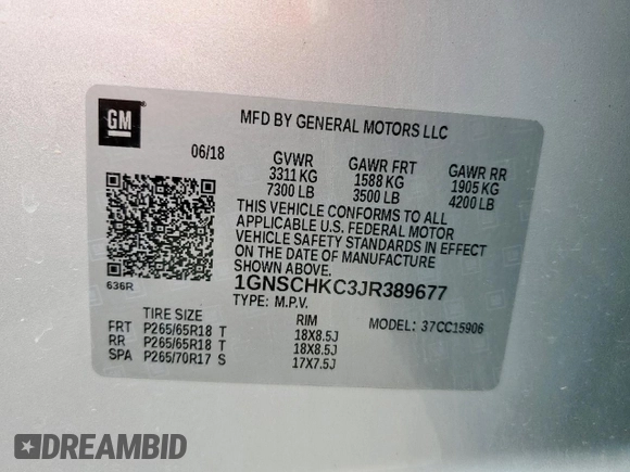 2018 Chevrolet Suburban LT with VIN 1GNSCHKC3JR389677, listed as a Copart auction lot 54857665 with 78,560 mi miles and Salvage Title. Bid and sale history available at carsss.com. Image 13.