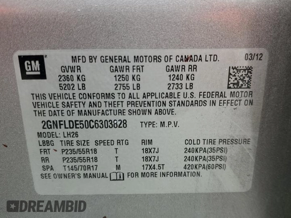 2012 Chevrolet Equinox 1LT z VIN 2GNFLDE50C6303828, wystawiony jako Copart lot #56517555 z przebiegiem 127 945 mil mil oraz Nie do naprawy • Non repairable. Historia ofert i sprzedaży dostępna na DreamBid. Obrazek 13.