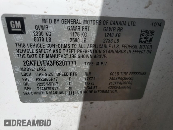 2015 GMC Terrain SLE with VIN 2GKFLVEK3F6207771, listed as a Copart auction lot 51649335 with 156,649 mi miles and Salvage Title. Bid and sale history available at carsss.com. Image 13.