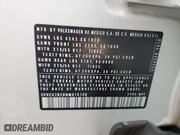 2022 Volkswagen Taos S z VIN 3VVCX7B28NM015108, wystawiony jako Copart lot #43617695 z przebiegiem 60 519 mil mil oraz Szkoda całkowita • Salvage title. Historia ofert i sprzedaży dostępna na DreamBid. Obrazek 13.
