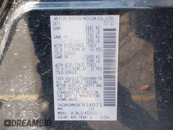 2013 Nissan Pathfinder SL with VIN 5N1AR2MM3DC654025, listed as a IAAI auction lot 42692665 with 173,226 mi miles and . Bid and sale history available at DreamBid. Image 9.