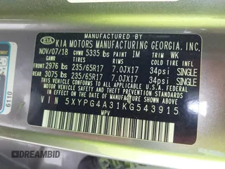 2019 Kia Sorento L z VIN 5XYPG4A31KG543915, wystawiony jako IAAI lot #41729916 z przebiegiem 79 416 mil mil oraz . Historia ofert i sprzedaży dostępna na DreamBid. Obrazek 9.