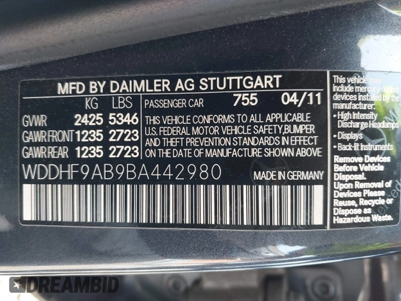 2011 Mercedes-Benz E 550 Luxury with VIN WDDHF9AB9BA442980, listed as a IAAI auction lot 42439893 with 129,058 mi miles and . Bid and sale history available at DreamBid. Image 9.