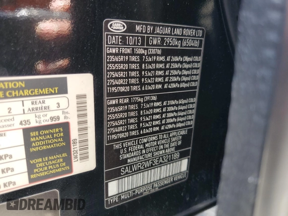 2014 Land Rover Range Rover Sport HSE with VIN SALWR2WF3EA321189, listed as a Copart auction lot 62793115 with 129,147 mi miles and Non repairable. Bid and sale history available at DreamBid. Image 13.