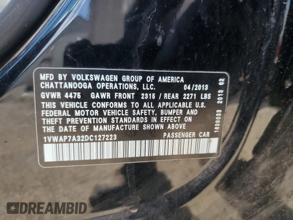 2013 Volkswagen Passat Wolfsburg Edition z VIN 1VWAP7A32DC127223, wystawiony jako Copart lot #56851585 z przebiegiem 203 342 mil mil oraz Nie do naprawy • Non repairable. Historia ofert i sprzedaży dostępna na DreamBid. Obrazek 13.