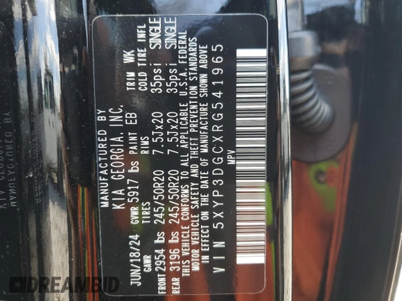 2024 Kia Telluride EX X-Line z VIN 5XYP3DGCXRG541965, wystawiony jako Copart lot #50863405 z przebiegiem 12 496 mil mil oraz Szkoda całkowita • Salvage title. Historia ofert i sprzedaży dostępna na DreamBid. Obrazek 14.