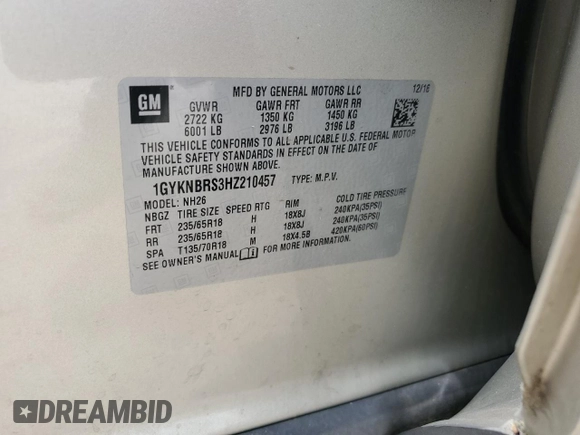 2017 Cadillac XT5 Luxury FWD with VIN 1GYKNBRS3HZ210457, listed as a Copart auction lot 58439225 with 139,938 mi miles and Salvage title. Bid and sale history available at DreamBid. Image 13.