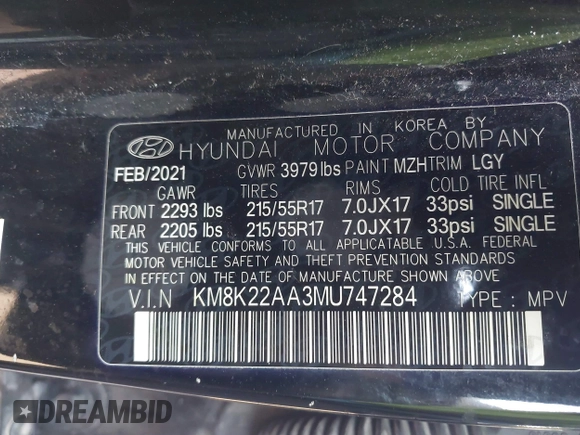 2021 Hyundai Kona SEL with VIN KM8K22AA3MU747284, listed as a IAAI auction lot 41609261 with 82,778 mi miles. Bid and sale history available at carsss.com. Image 9.