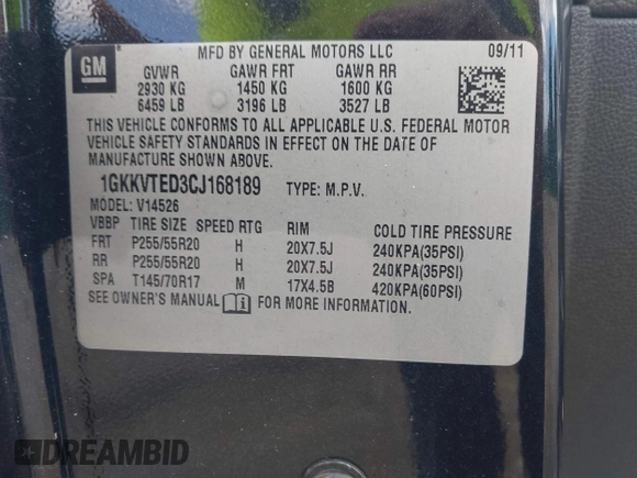 2012 GMC Acadia Denali with VIN 1GKKVTED3CJ168189, listed as a IAAI auction lot 42761716 with 195,551 mi miles and . Bid and sale history available at DreamBid. Image 9.