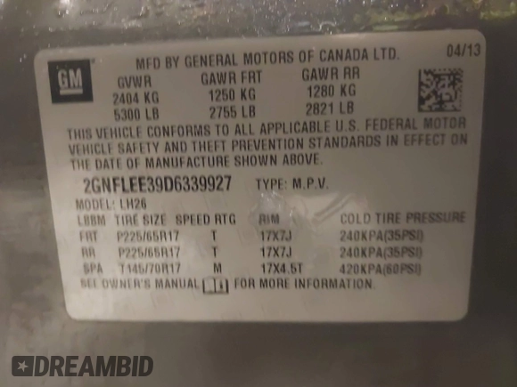 2013 Chevrolet Equinox LT with VIN 2GNFLEE39D6339927, listed as a IAAI auction lot 41375663 with 208,423 mi miles. Bid and sale history available at carsss.com. Image 9.