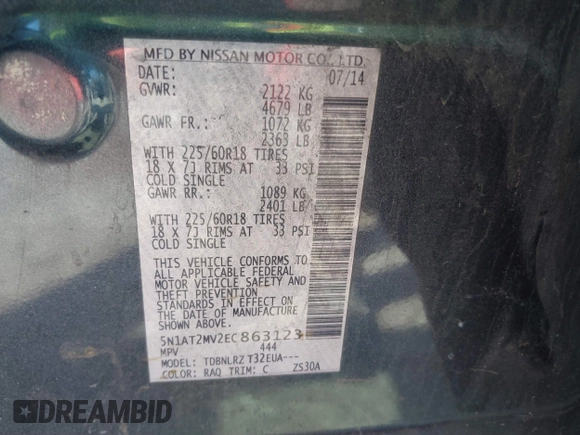 2014 Nissan Rogue S with VIN 5N1AT2MV2EC863123, listed as a IAAI auction lot 41823162 with 158,551 mi miles. Bid and sale history available at carsss.com. Image 9.