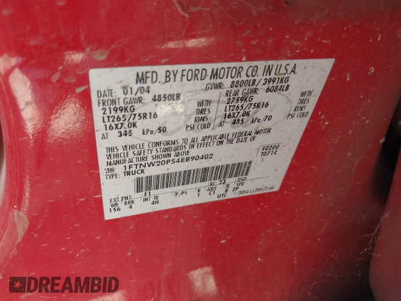 2004 Ford F-250 XL with VIN 1FTNW20P54EB90402, listed as a IAAI auction lot 42610346 with 2,485,171 mi miles and . Bid and sale history available at DreamBid. Image 9.