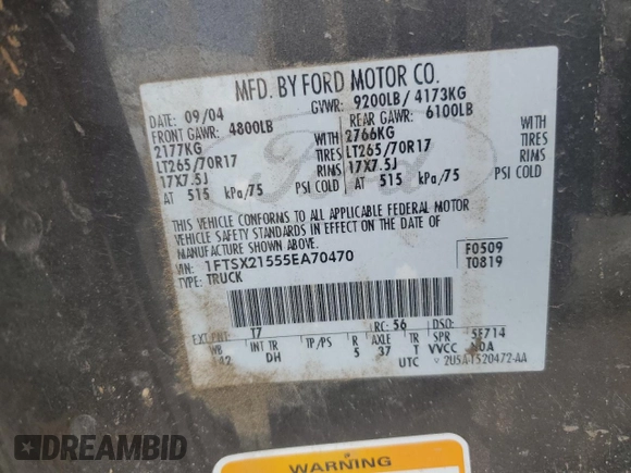 2005 Ford F-250 XL with VIN 1FTSX21555EA70470, listed as a Copart auction lot 65583455 with 243,381 mi miles and Salvage title. Bid and sale history available at DreamBid. Image 13.