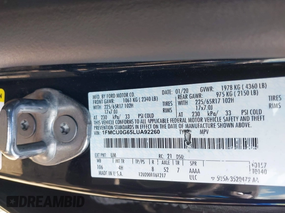 2020 Ford Escape SE z VIN 1FMCU0G65LUA92260, wystawiony jako IAAI lot #42244569 z przebiegiem 49 802 mil mil oraz . Historia ofert i sprzedaży dostępna na DreamBid. Obrazek 9.