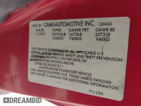 2002 Chevrolet Tracker with VIN 2CNBJ18C426921217, listed as a IAAI auction lot 42608739 with 244,721 mi miles and . Bid and sale history available at DreamBid. Image 9.