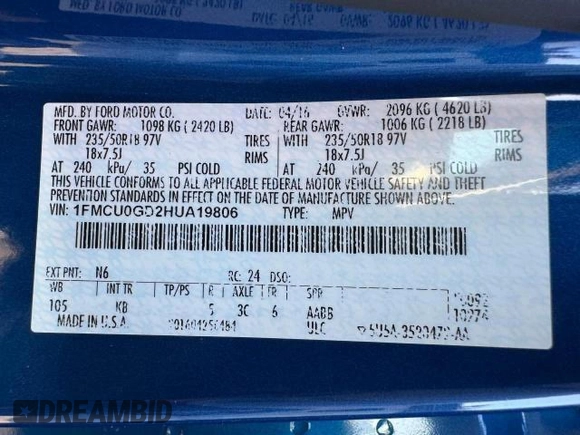 2017 Ford Escape SE with VIN 1FMCU0GD2HUA19806, listed as a Copart auction lot 54800235 with 97,697 mi miles and Salvage Title. Bid and sale history available at carsss.com. Image 15.
