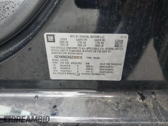 2016 Chevrolet Silverado 1500 LT with VIN 1GCVKRECXGZ383216, listed as a Copart auction lot 56497415 with 105,894 mi miles and Salvage Title. Bid and sale history available at DreamBid. Image 12.