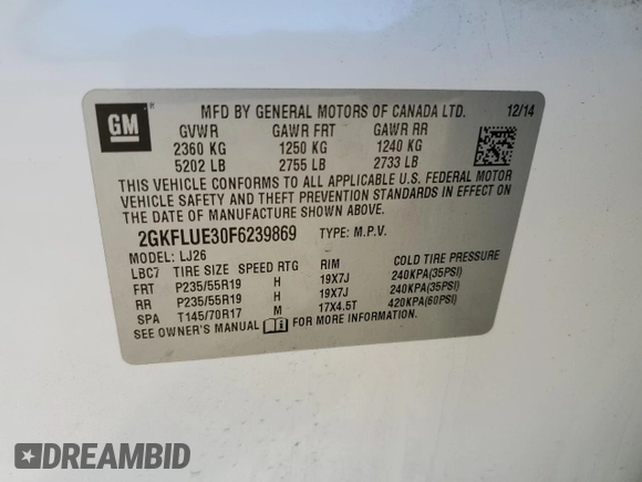 2015 GMC Terrain Denali with VIN 2GKFLUE30F6239869, listed as a Copart auction lot 82184994 with 158,088 mi miles and Salvage Title. Bid and sale history available at DreamBid. Image 16.