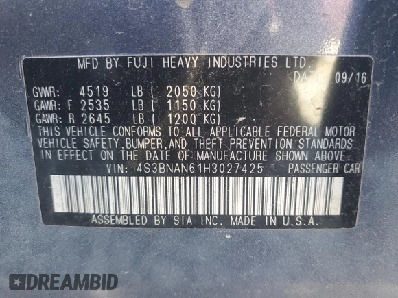 2017 Subaru Legacy Limited с VIN 4S3BNAN61H3027425, выставлен на аукционе Copart как лот 46189465 с пробегом 81 707 миль миль и Списание • Salvage title. История ставок и продаж доступна на DreamBid. Изображение 12.