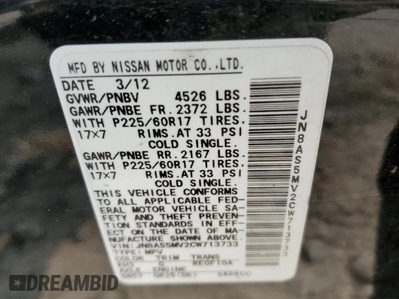 2012 Nissan Rogue S z VIN JN8AS5MV2CW713733, wystawiony jako Copart lot #59208835 z przebiegiem 227 189 mil mil oraz Szkoda całkowita • Salvage title. Historia ofert i sprzedaży dostępna na DreamBid. Obrazek 13.