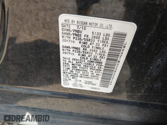 2010 Nissan Murano S with VIN JN8AZ1MU2AW020184, listed as a IAAI auction lot 41919368 with 110,043 mi miles. Bid and sale history available at carsss.com. Image 9.