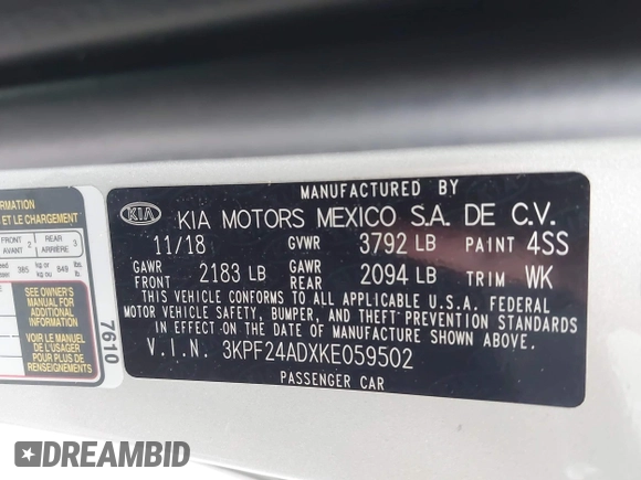 2019 Kia Forte LXS with VIN 3KPF24ADXKE059502, listed as a IAAI auction lot 42639854 with 58,813 mi miles and . Bid and sale history available at DreamBid. Image 9.
