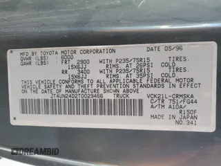 1996 Toyota T100 SR5 z VIN JT4UN24D2T0029466, wystawiony jako Copart lot #57122945 z przebiegiem 421 207 mil mil oraz Szkoda całkowita • Salvage title. Historia ofert i sprzedaży dostępna na DreamBid. Obrazek 12.