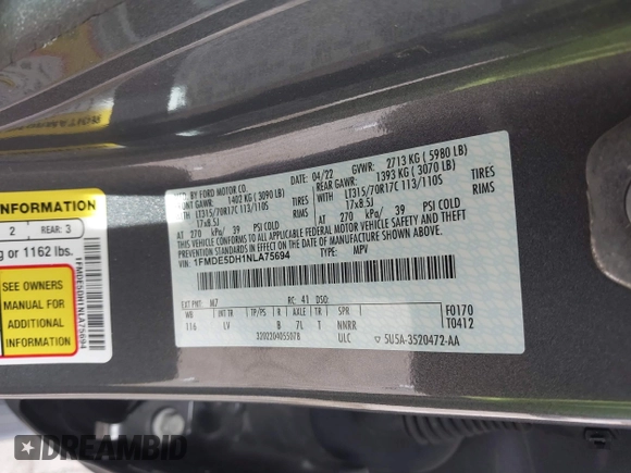 2022 Ford Bronco с VIN 1FMDE5DH1NLA75694, выставлен на аукционе IAAI как лот 42149382 с пробегом 48 834 миль миль и . История ставок и продаж доступна на DreamBid. Изображение 9.