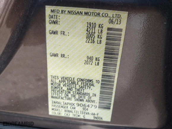 2013 Nissan Altima 2.5 SL with VIN 1N4AL3APXDC906479, listed as a IAAI auction lot 41827360 with 177,098 mi miles. Bid and sale history available at carsss.com. Image 9.