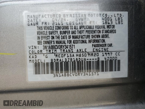 2024 Nissan Sentra SV with VIN 3N1AB8CV0RY341571, listed as a Copart auction lot 54752555 with 23,771 mi miles and Clean Title. Bid and sale history available at DreamBid. Image 13.