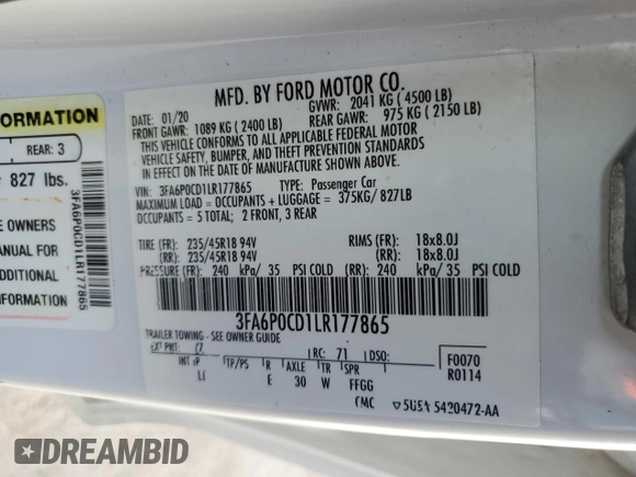 2020 Ford Fusion SEL with VIN 3FA6P0CD1LR177865, listed as a Copart auction lot 43027915 with 103,186 mi miles and Salvage title. Bid and sale history available at DreamBid. Image 14.