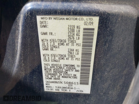 2009 Nissan Xterra S with VIN 5N1AN08U59C508615, listed as a IAAI auction lot 42531853 with 133,506 mi miles and . Bid and sale history available at DreamBid. Image 9.
