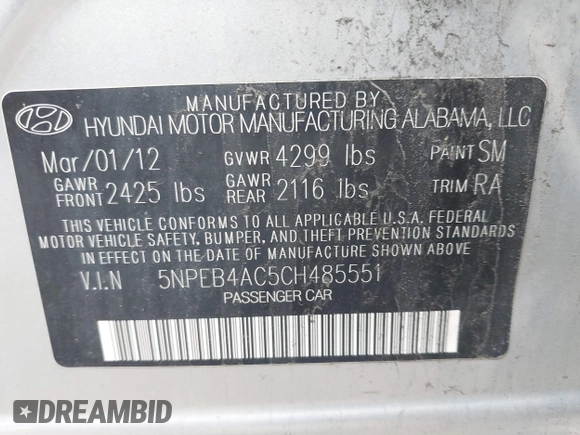 2012 Hyundai Sonata GLS with VIN 5NPEB4AC5CH485551, listed as a IAAI auction lot 41976473 with 101,969 mi miles and . Bid and sale history available at DreamBid. Image 9.