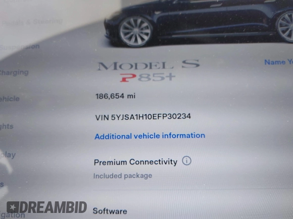 2014 Tesla Model S 60 with VIN 5YJSA1H10EFP30234, listed as a IAAI auction lot 42182249 with 186,654 mi miles and . Bid and sale history available at DreamBid. Image 7.