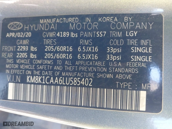 2020 Hyundai Kona SE with VIN KM8K1CAA6LU585402, listed as a IAAI auction lot 41681666 with 169,614 mi miles. Bid and sale history available at carsss.com. Image 9.