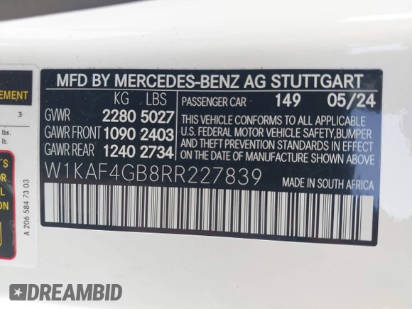 2024 Mercedes-Benz C 300 z VIN W1KAF4GB8RR227839, wystawiony jako IAAI lot #42079634 z przebiegiem 2 062 mil mil oraz . Historia ofert i sprzedaży dostępna na DreamBid. Obrazek 9.