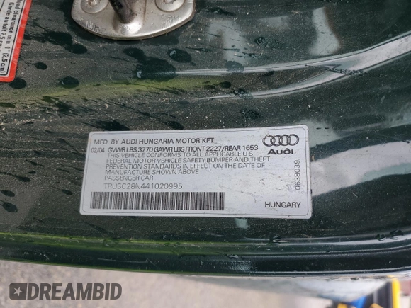 2004 Audi TT with VIN TRUSC28N441020995, listed as a Copart auction lot 48958945 with 147,245 mi miles and Clean Title. Bid and sale history available at carsss.com. Image 12.