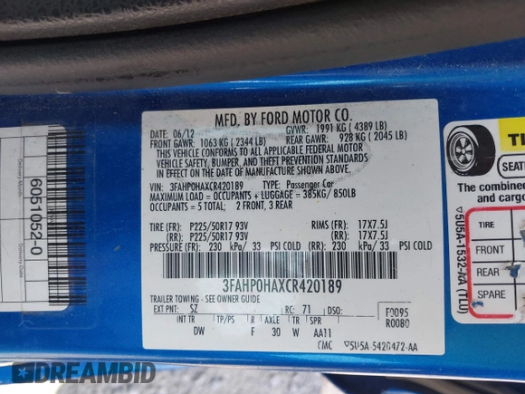 2012 Ford Fusion SE with VIN 3FAHP0HAXCR420189, listed as a IAAI auction lot 42710212 with 129,832 mi miles and . Bid and sale history available at DreamBid. Image 9.