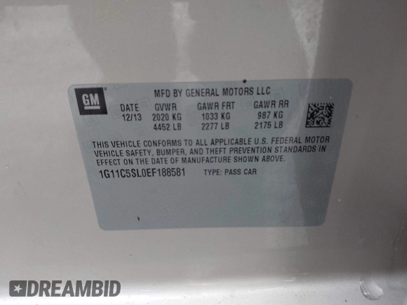 2014 Chevrolet Malibu LT with VIN 1G11C5SL0EF188581, listed as a IAAI auction lot 42000531 with 128,615 mi miles and . Bid and sale history available at DreamBid. Image 9.