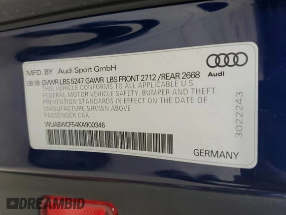 2019 Audi RS 5 Sportback z VIN WUABWCF54KA900346, wystawiony jako Copart lot #57398965 z przebiegiem 49 501 mil mil oraz Szkoda całkowita • Salvage title. Historia ofert i sprzedaży dostępna na DreamBid. Obrazek 12.