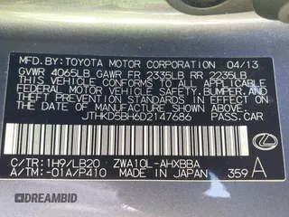 2013 Lexus CT 200h Hybrid with VIN JTHKD5BH6D2147686, listed as a IAAI auction lot 42117110 with 143,450 mi miles. Bid and sale history available at carsss.com. Image 9.