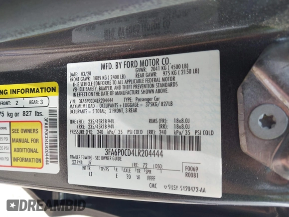 2020 Ford Fusion SEL с VIN 3FA6P0CD4LR204444, выставлен на аукционе IAAI как лот 42236299 с пробегом 115 630 миль миль и . История ставок и продаж доступна на DreamBid. Изображение 9.